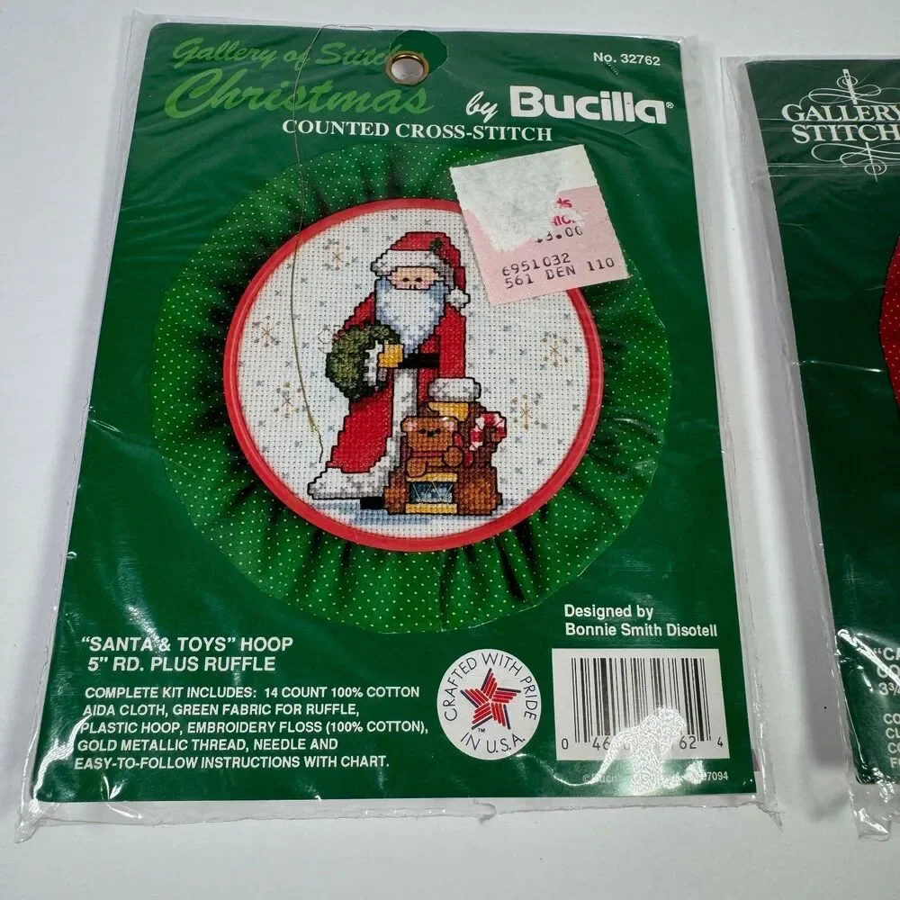 Bucilla Counted Cross Stitch Candy Cane Hoop Kit Santa & Toys Christmas LOT of 2